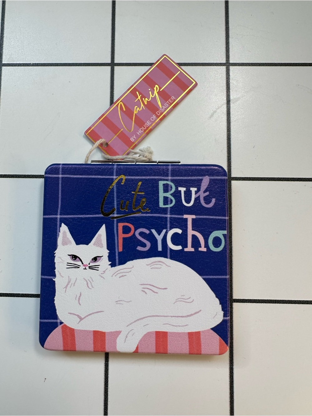 Catnip Cute But Psycho Cat pocket Mirror - Navy and White. Double Sided. Compact